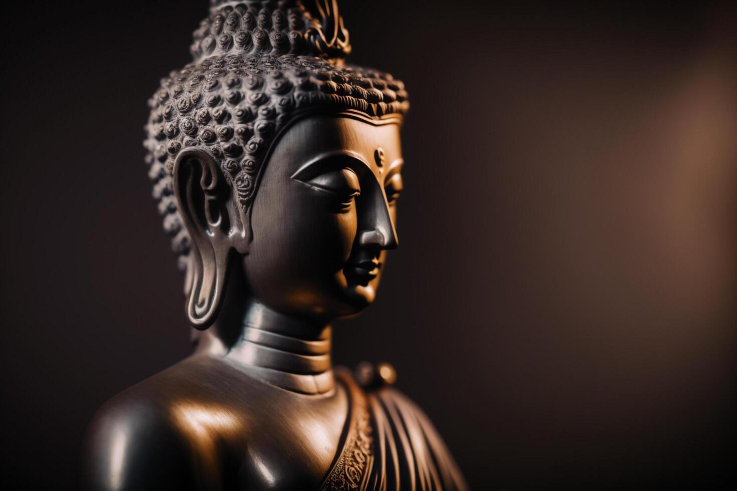 A thai buddha statue sits and meditating at buddhist temple. Ancient thailand buddha face. Background for vesak festival celebration. Vesak day concept. Vesak celebration day greetings by photo