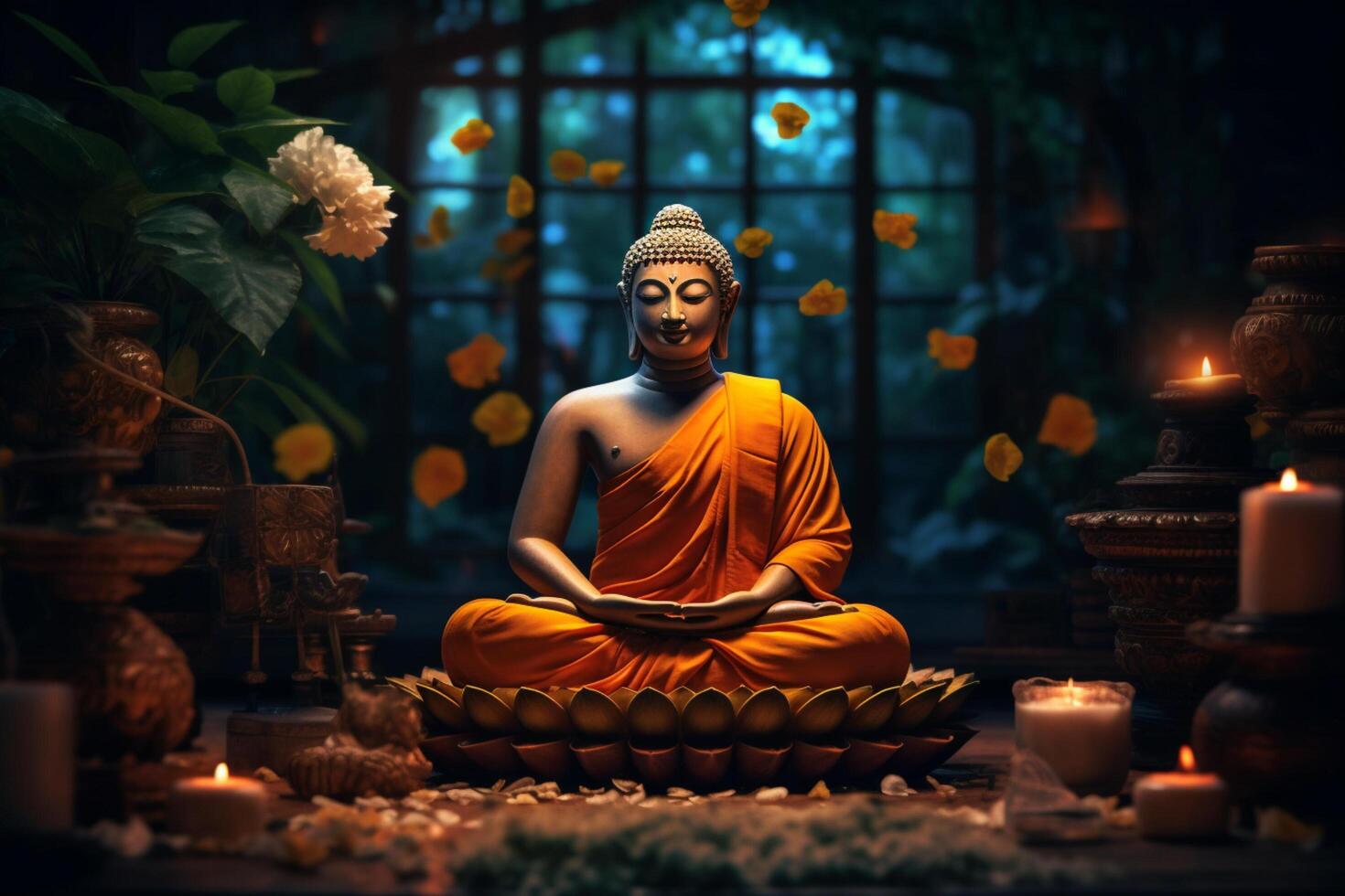 A buddha sits in a garden with a lotus and candles. Background for vesak festival celebration. Vesak day concept. Vesak celebration day greetings by photo