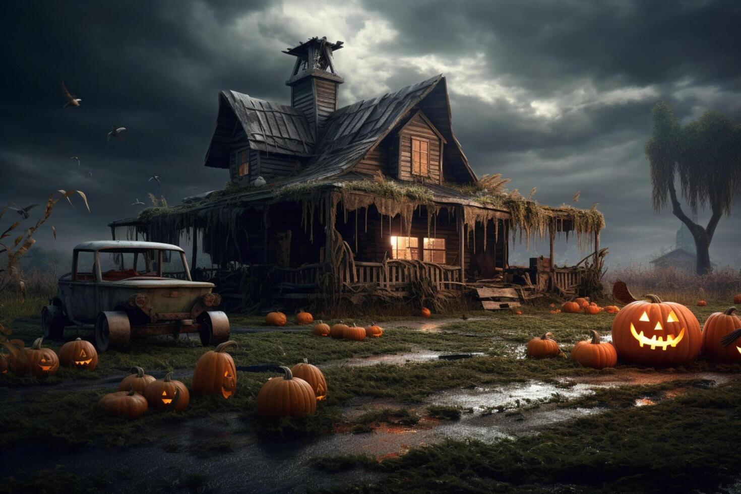 Haunted house on halloween celebration concept. Spooky house halloween background with deserted building and pumpkin. Scary house with creepy building at night by photo