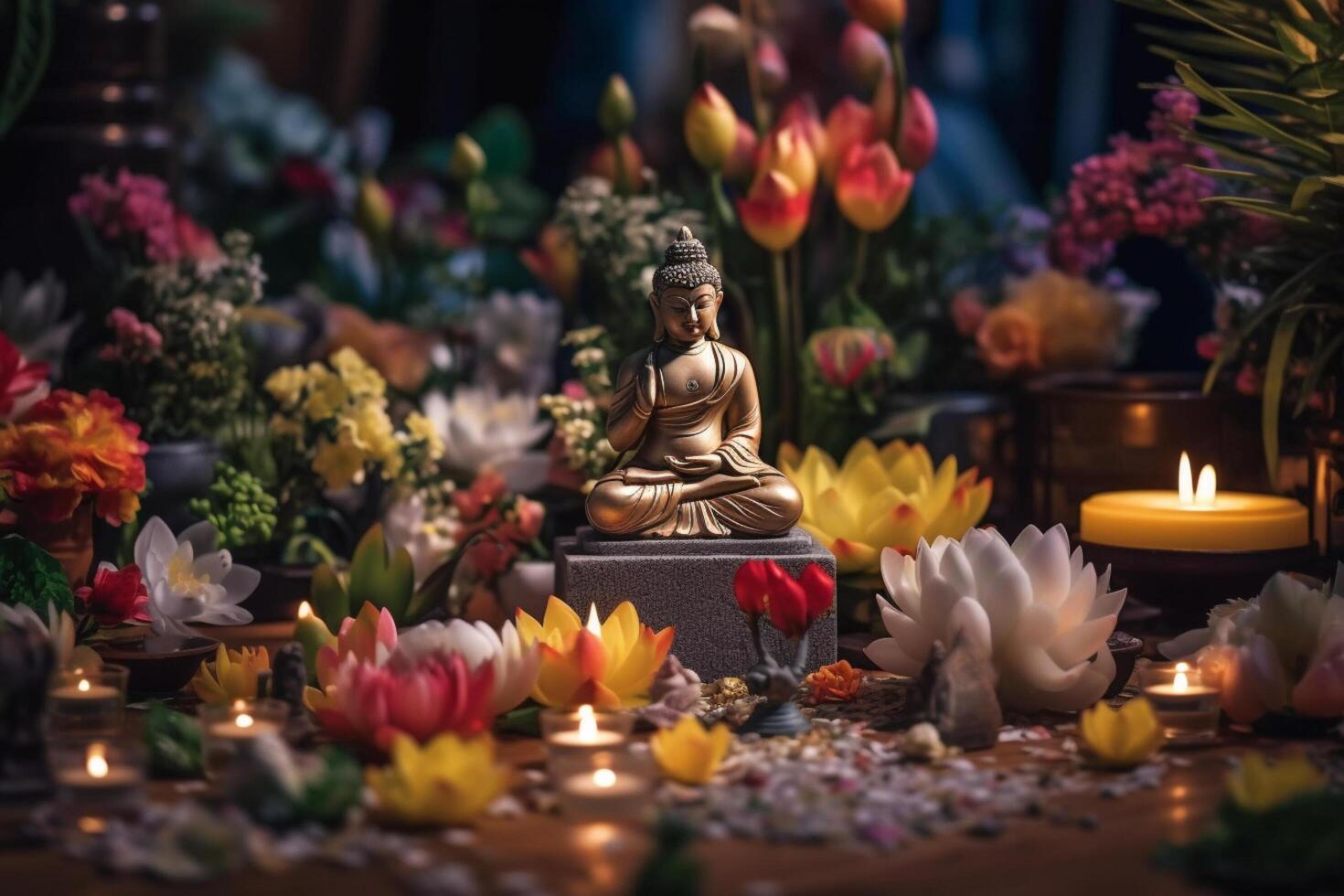 A buddha sits in a garden with a lotus and candles. Background for vesak festival celebration. Vesak day concept. Vesak celebration day greetings by photo
