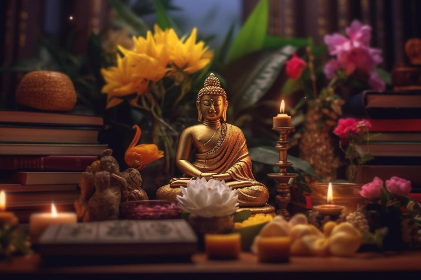 A buddha sits in a garden with a lotus and candles. Background for vesak festival celebration. Vesak day concept. Vesak celebration day greetings by photo