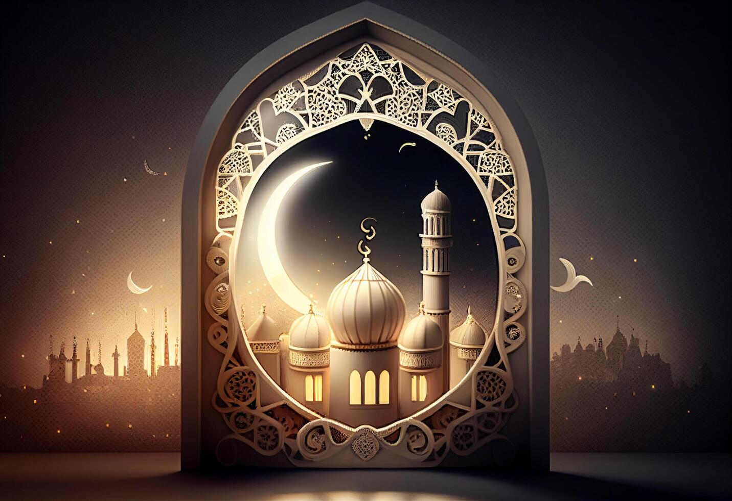 A windows depicts an islamic mosque at night with moon and lentern. In style of islamic city. Arched doorways. Eid al fitr background of window. Ramadan islamic lantern on a table by photo