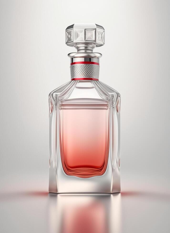 A high class bottle of glass perfume with light red liquid. Aromatic perfume bottles on white background. Beauty product, cosmetic, perfume day, fragrance day or perfume launch event by photo