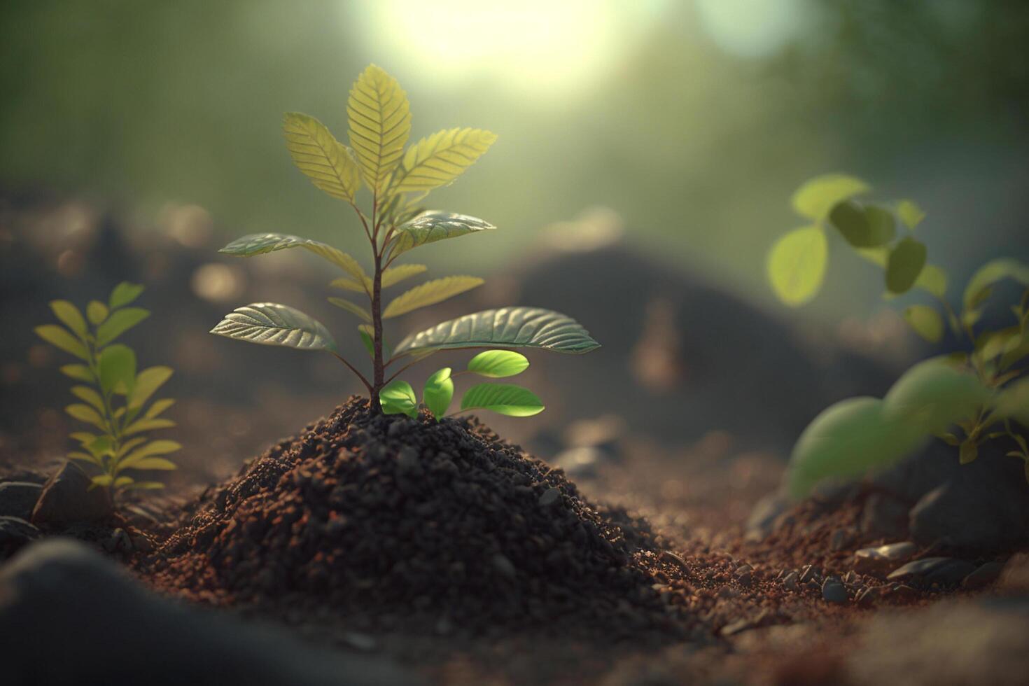 Plant growing in farm ground or forest with sunlight at daytime. Young plant is growing. World earth day. World environment day. Earth conservation, ecology or global warming by photo