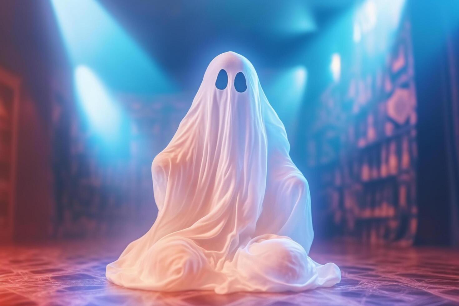 Human in spooky ghosts costume flying inside the old house or forest at night. Spooky halloween background with ghost. Ghost on halloween celebration concept by photo