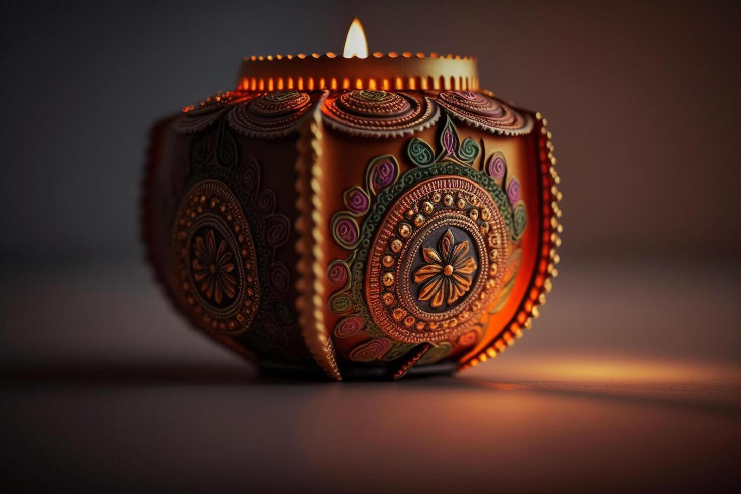 Happy diwali or deepavali traditional indian festival with clay diya oil lamp. Indian hindu festival of light symbol with candle and light. Clay diya lamp lit during diwali celebration by photo