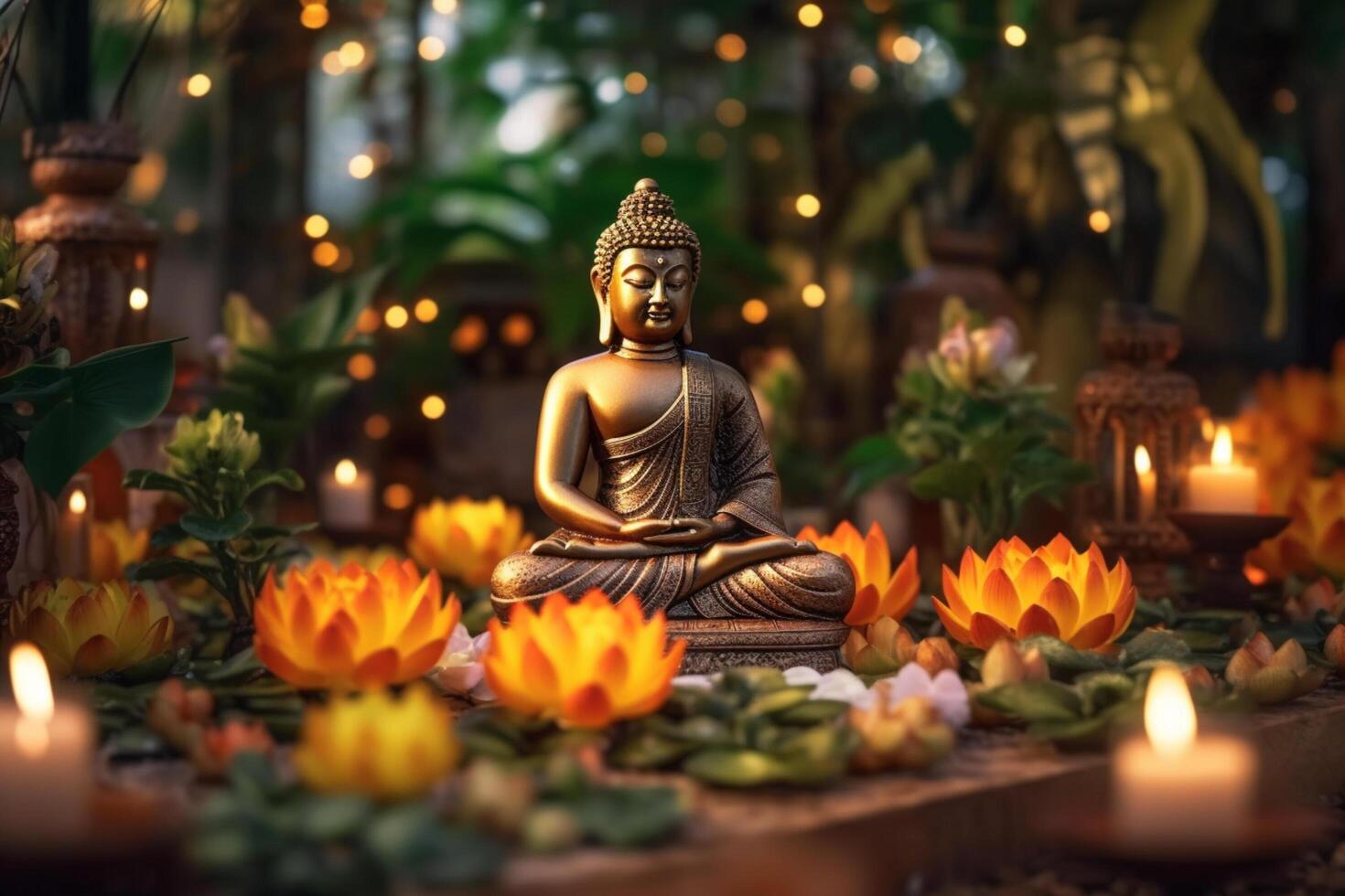 A buddha sits in a garden with a lotus and candles. Background for vesak festival celebration. Vesak day concept. Vesak celebration day greetings by photo