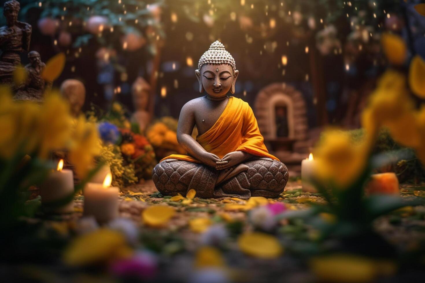 A buddha sits in a garden with a lotus and candles. Background for vesak festival celebration. Vesak day concept. Vesak celebration day greetings by photo