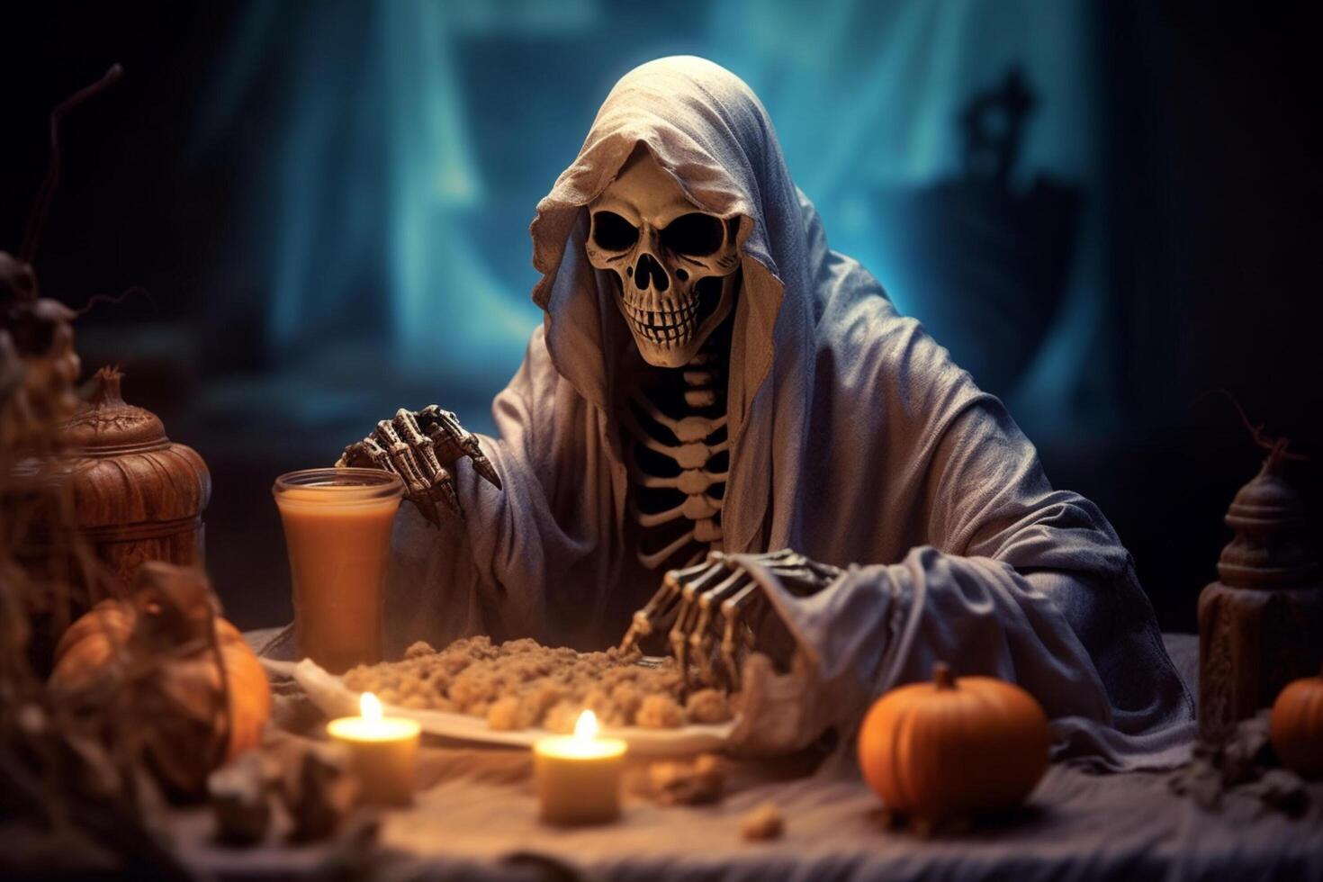 Human in spooky ghosts costume flying inside the old house or forest at night. Spooky halloween background with ghost. Ghost on halloween celebration concept by photo