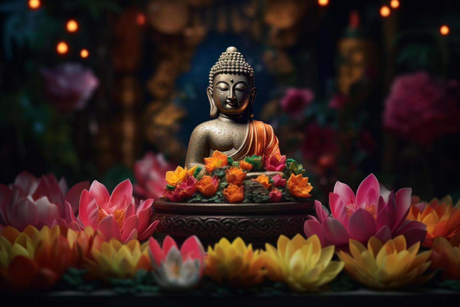 A buddha sits in a garden with a lotus and candles. Background for vesak festival celebration. Vesak day concept. Vesak celebration day greetings by photo