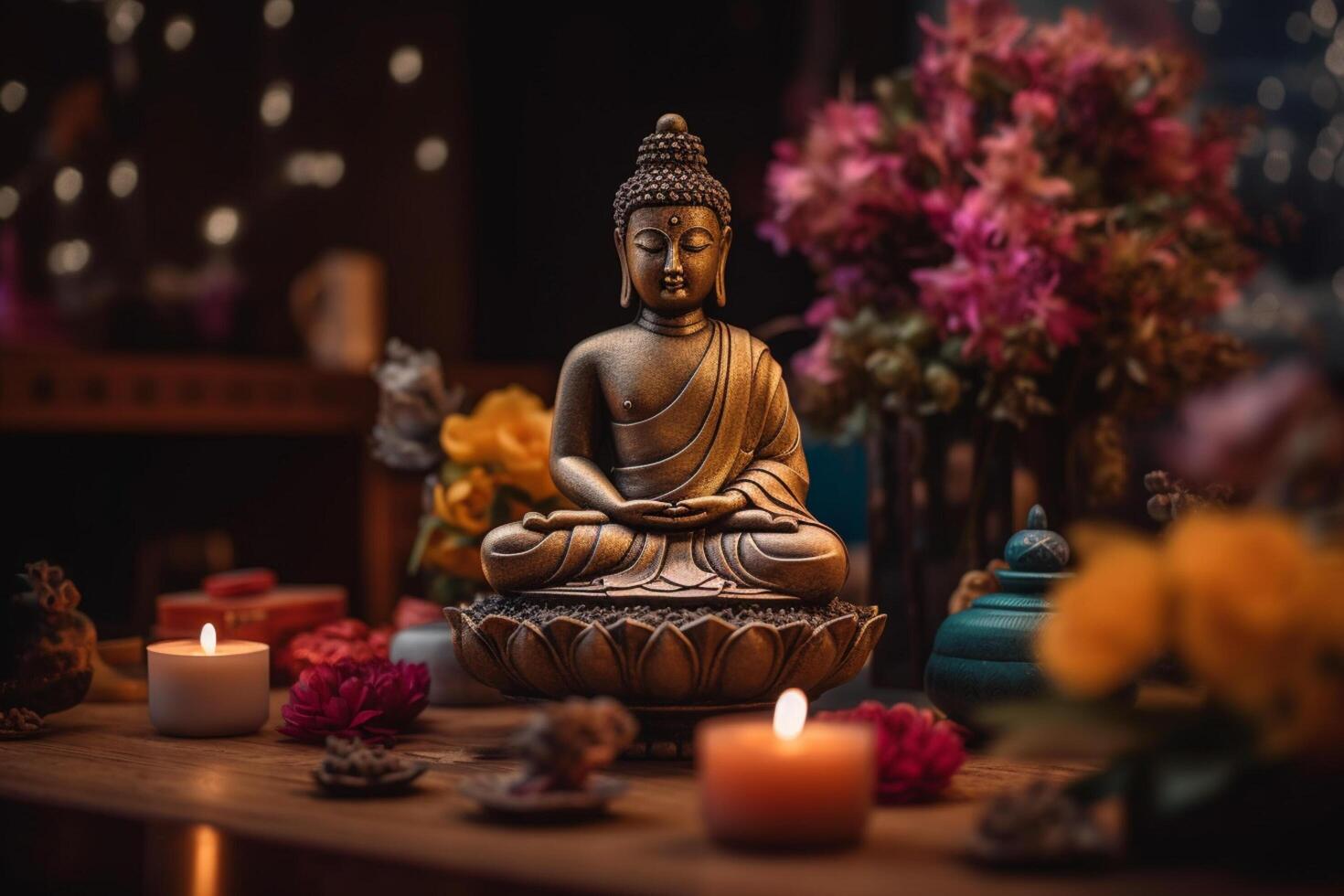 A buddha sits in a garden with a lotus and candles. Background for vesak festival celebration. Vesak day concept. Vesak celebration day greetings by photo
