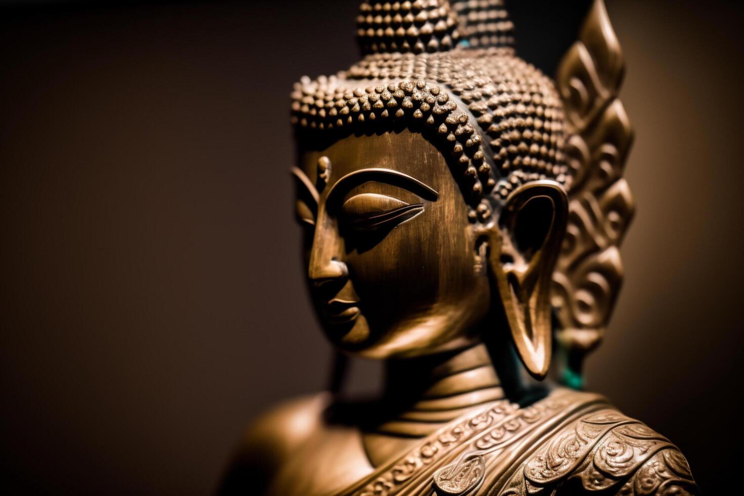 A thai buddha statue sits and meditating at buddhist temple. Ancient thailand buddha face. Background for vesak festival celebration. Vesak day concept. Vesak celebration day greetings by photo