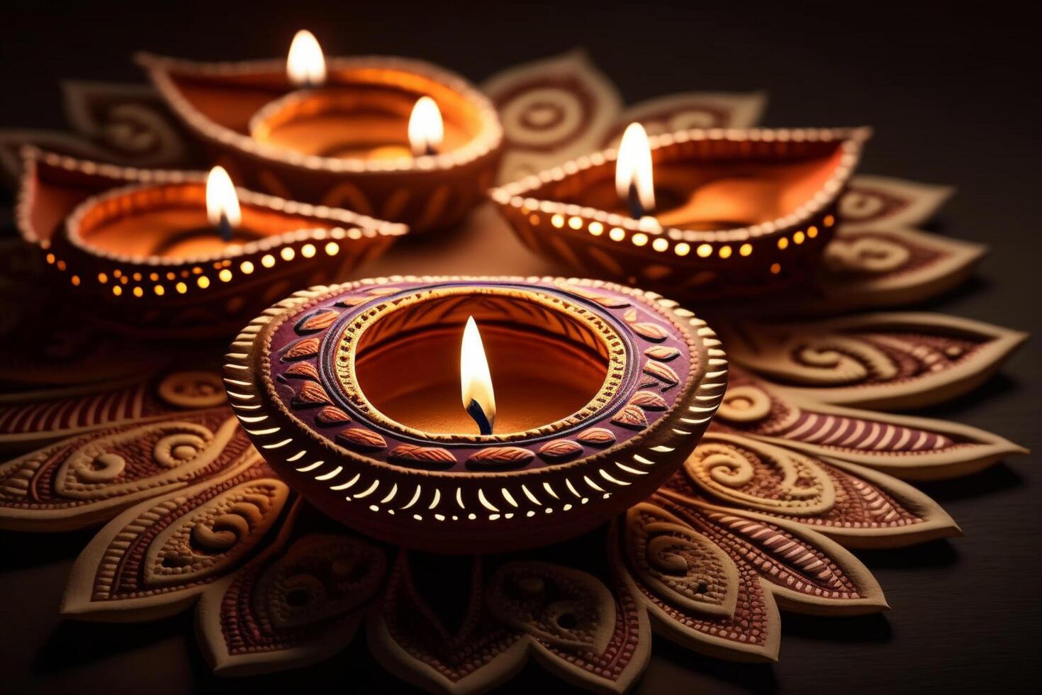 Happy diwali or deepavali traditional indian festival with clay diya oil lamp. Indian hindu festival of light symbol with candle and light. Clay diya lamp lit during diwali celebration by photo