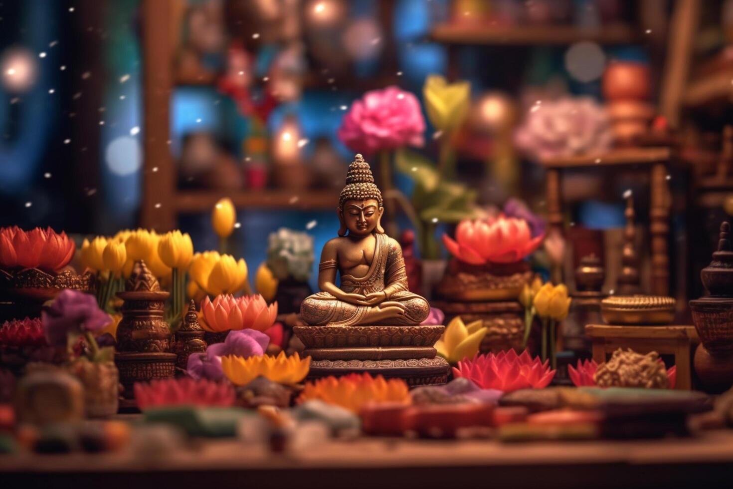 A buddha sits in a garden with a lotus and candles. Background for vesak festival celebration. Vesak day concept. Vesak celebration day greetings by photo