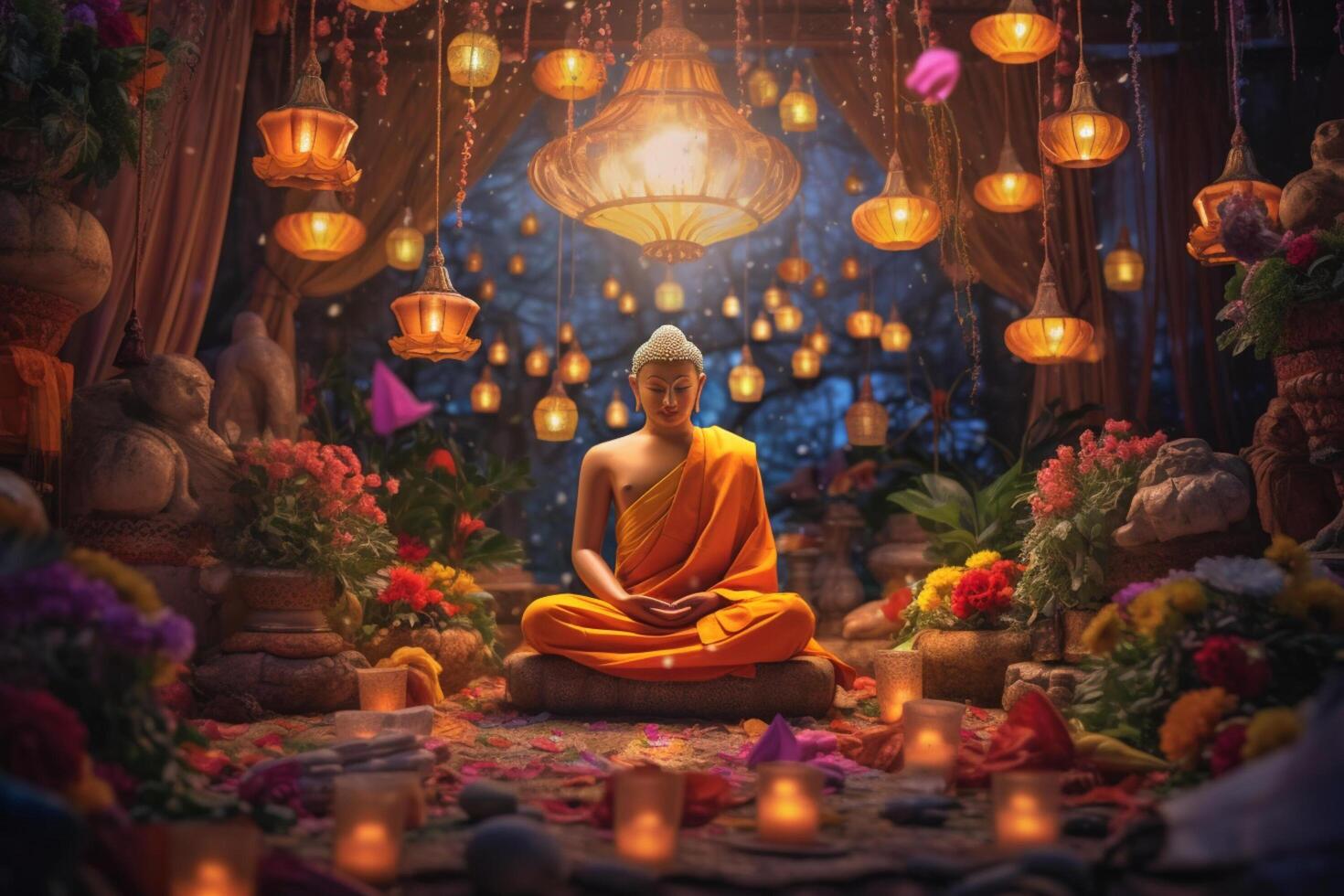 A buddha sits in a garden with a lotus and candles. Background for vesak festival celebration. Vesak day concept. Vesak celebration day greetings by photo