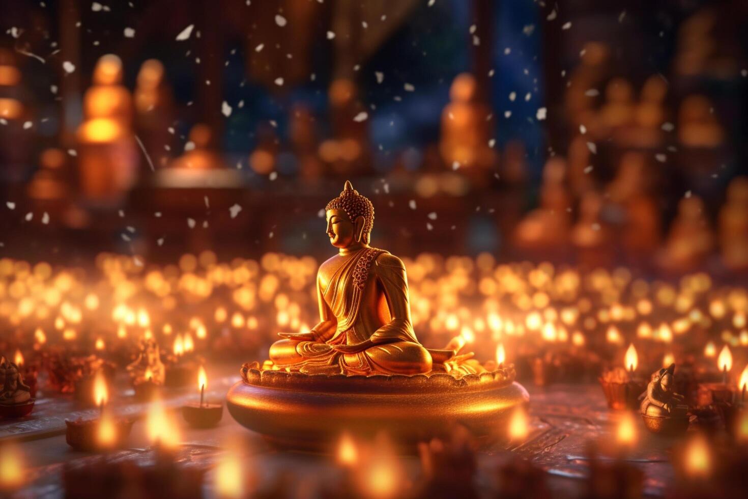 A buddha sits in a garden with a lotus and candles. Background for vesak festival celebration. Vesak day concept. Vesak celebration day greetings by photo