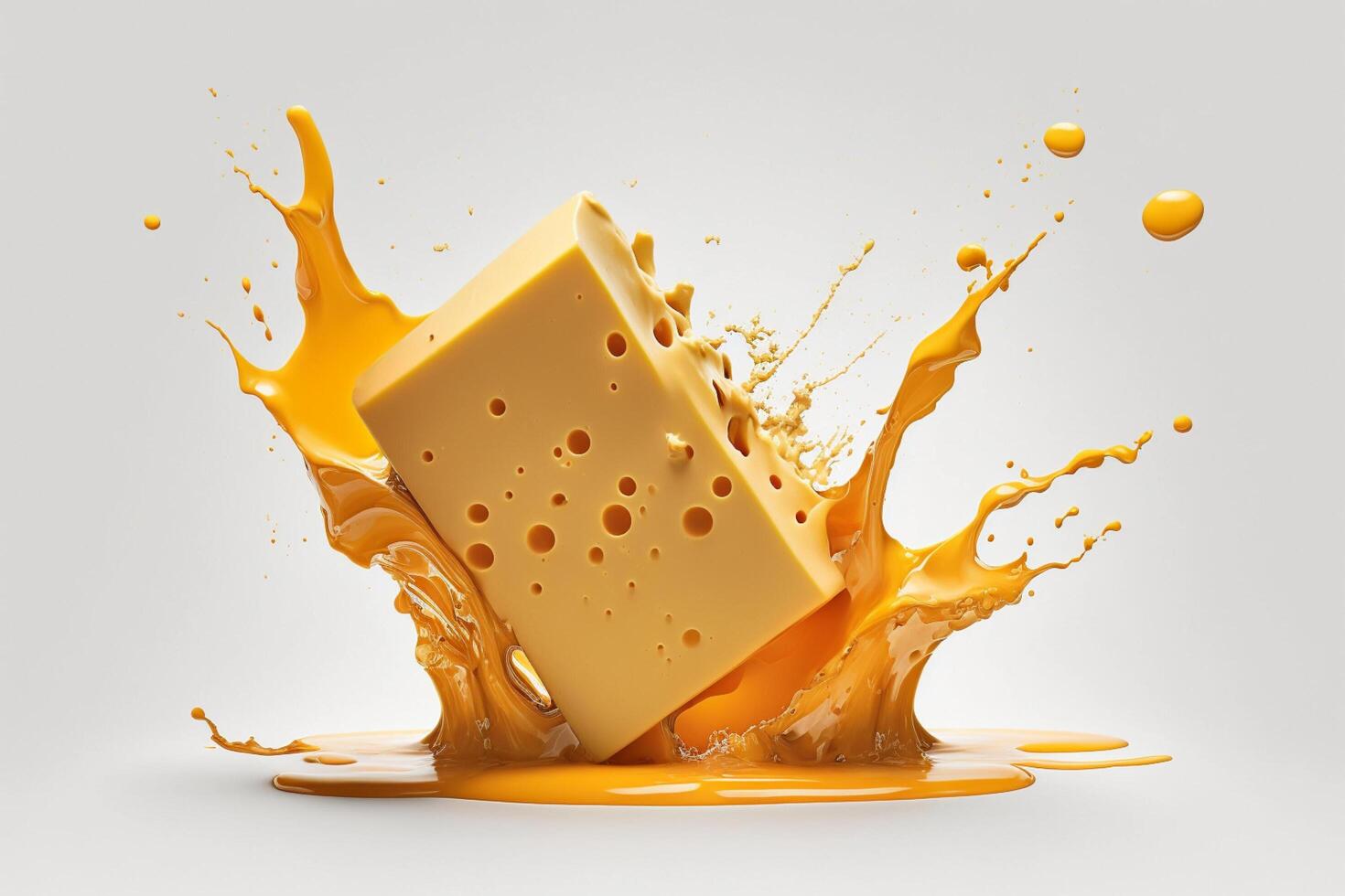 A delicious melting cheese splash in a realistic style. Hot cheese or cheddar splash. Tasty cheese liquid splash. Cheese sauce crown splash. For italian food, world cheese day, dessert by photo