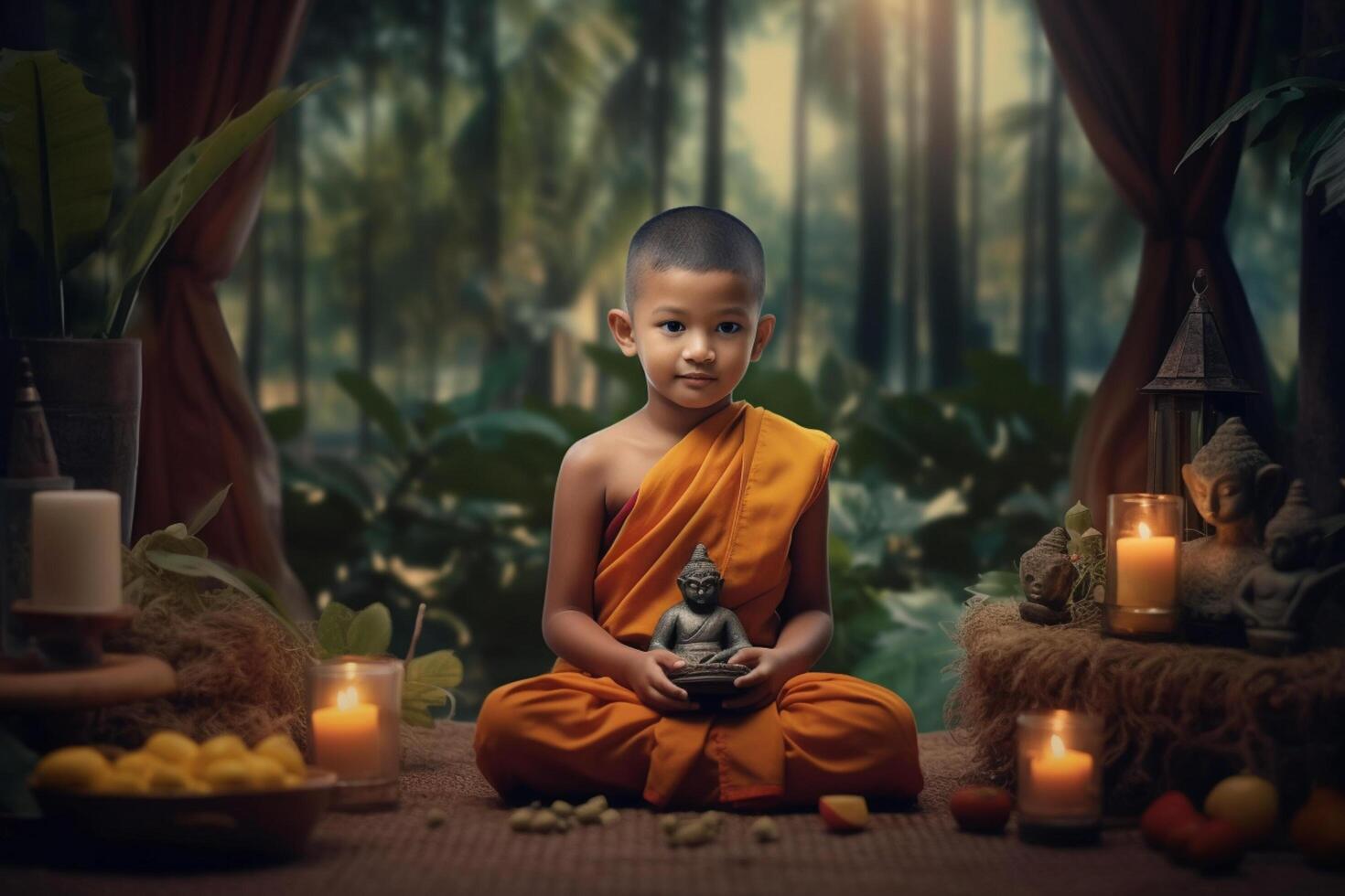 A young buddha sits in a garden with a lotus and candles. Background for vesak festival celebration. Vesak day concept. Vesak celebration day greetings by photo