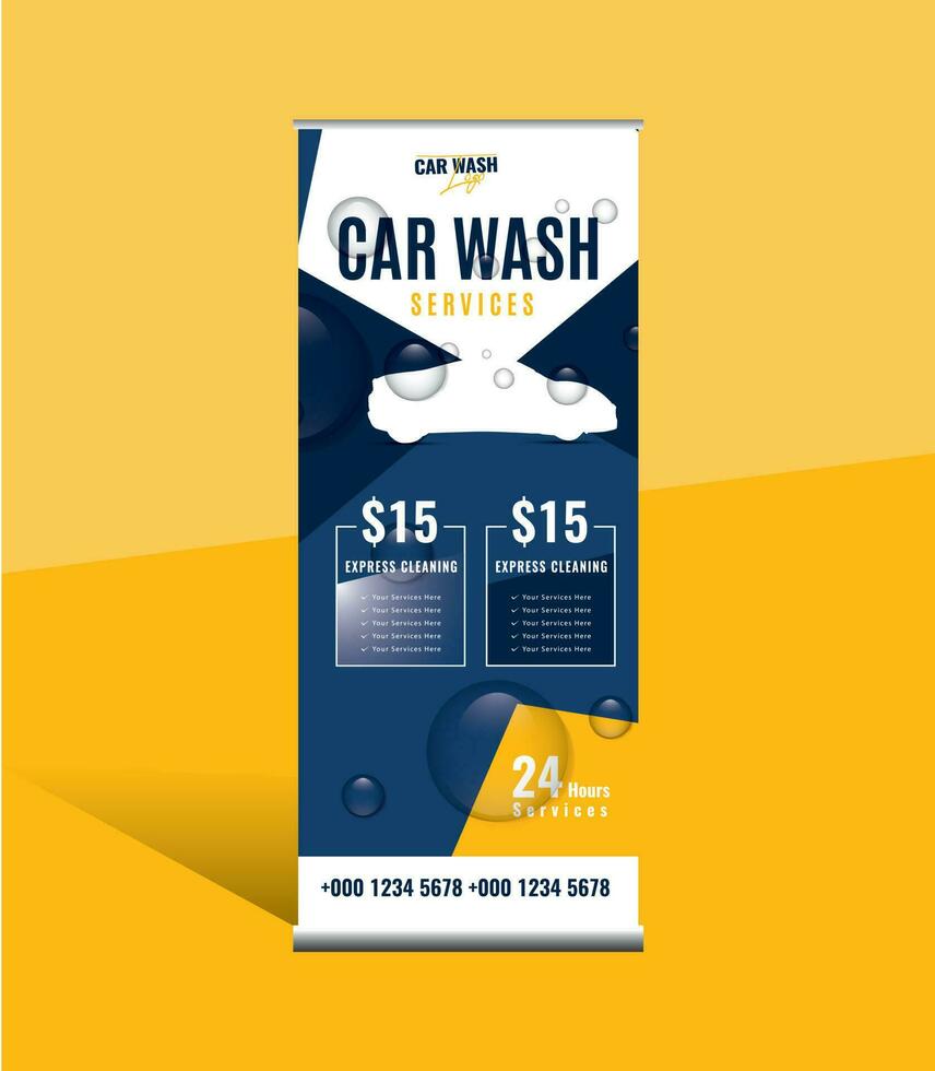 Car wash Rollup Design, Carwash and Cleaning service Rollup poster template. Car Detailing X Banner design, Standee Banner Design. vector
