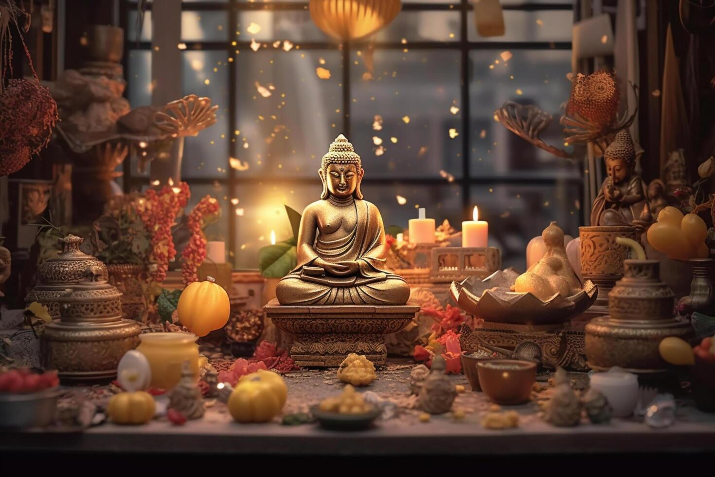 A buddha sits in a garden with a lotus and candles. Background for vesak festival celebration. Vesak day concept. Vesak celebration day greetings by photo
