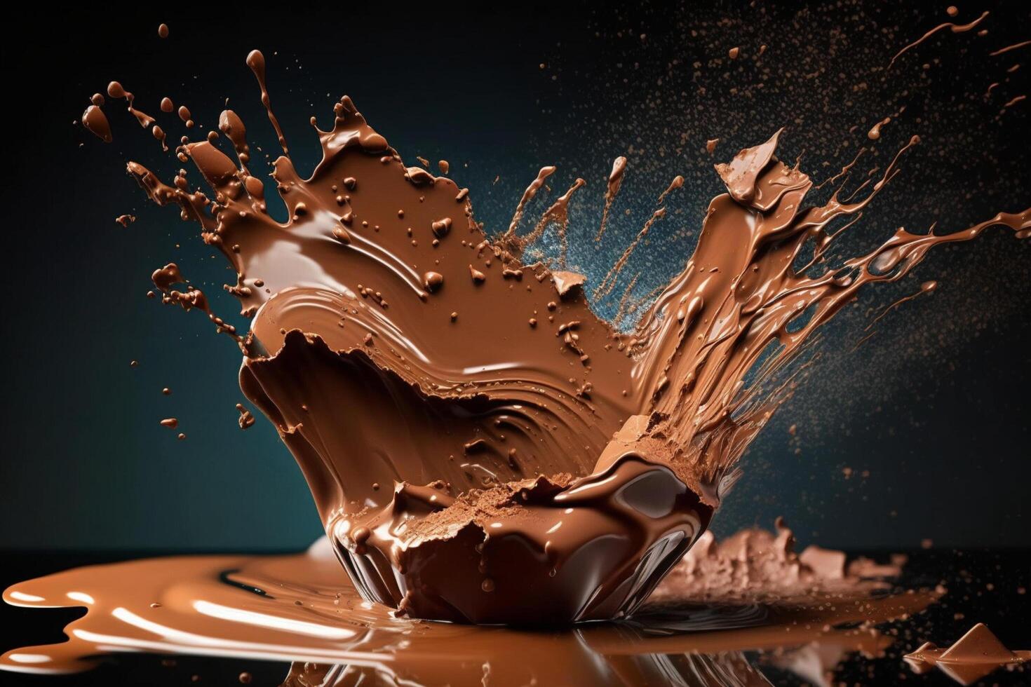 A delicious melting chocolate splash in a realistic style. Hot chocolate, cacao or coffee splash. Tasty chocolate liquid splash. Chocolate sauce crown splash. For chocolate day dessert by photo