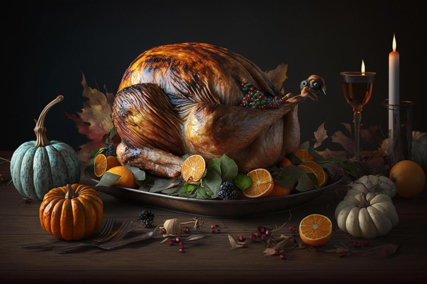 Thanksgiving day meal with pie, pumpkin, oranges, or roasted chicken in oven form. Flat lay assortment with delicious thanksgiving food. Happy thanksgiving day concept by photo