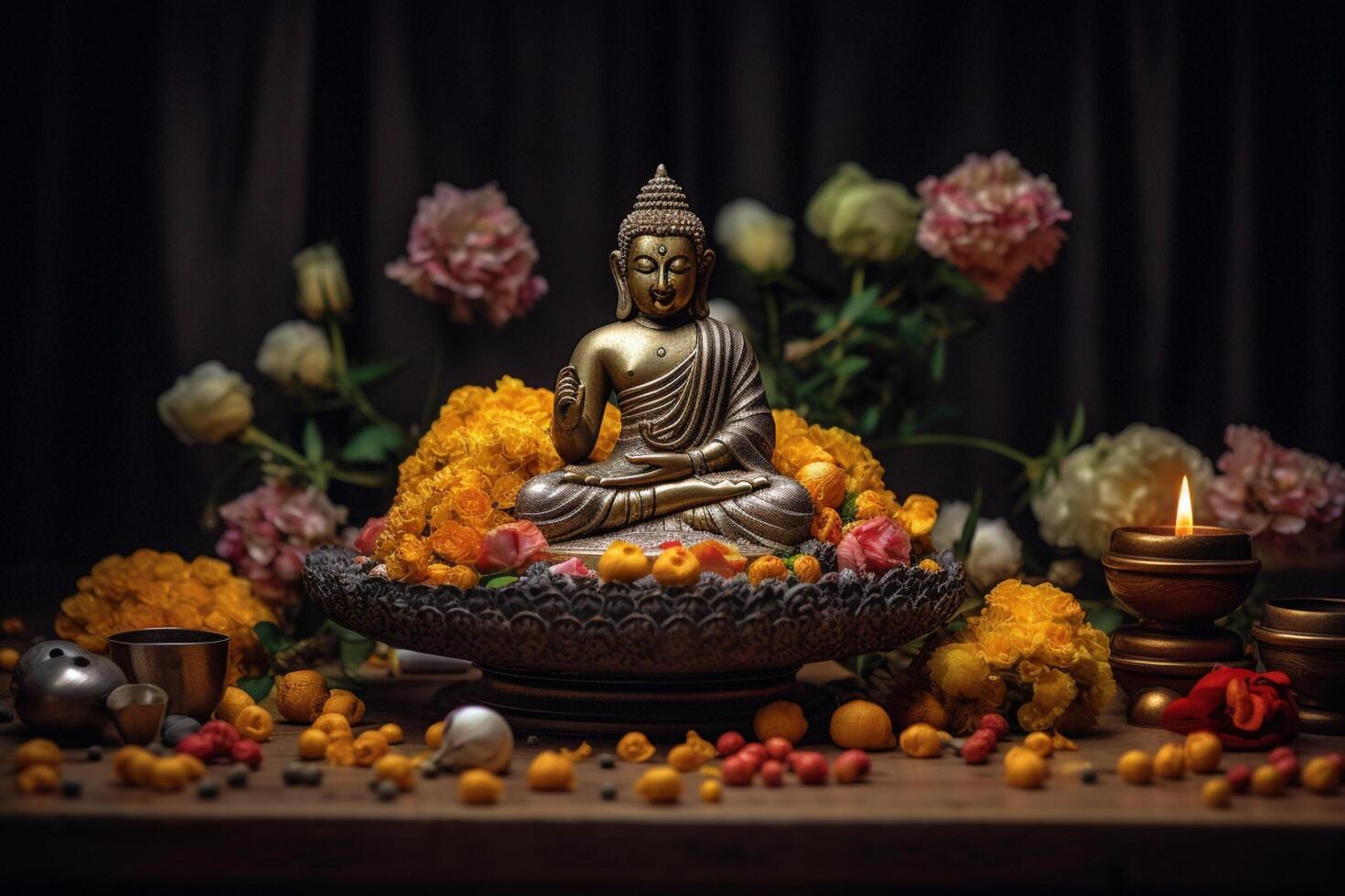 A buddha sits in a garden with a lotus and candles. Background for vesak festival celebration. Vesak day concept. Vesak celebration day greetings by photo