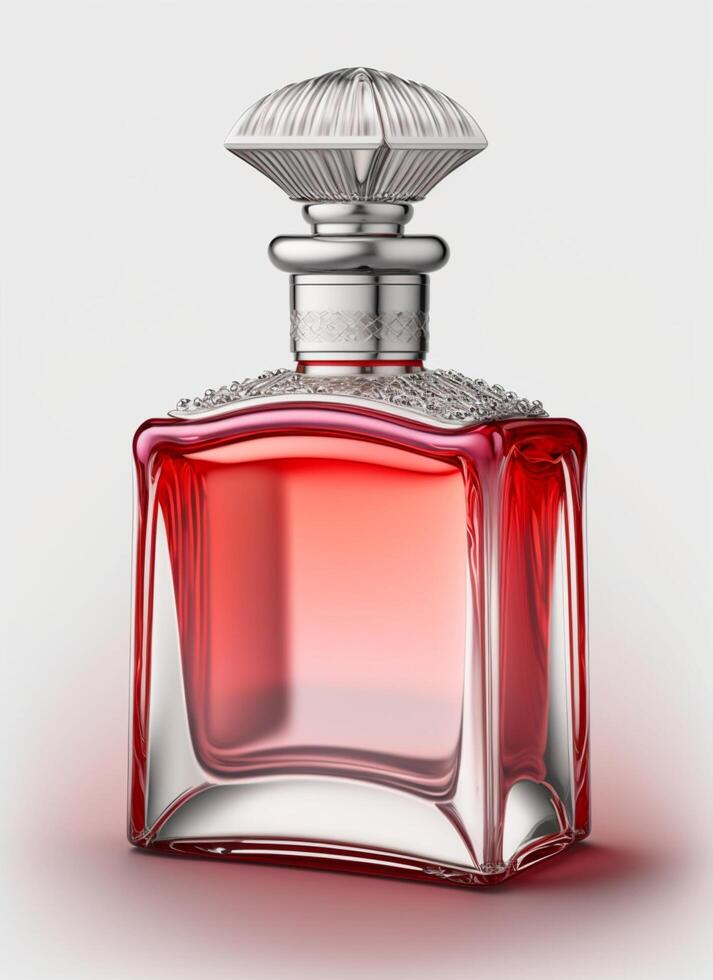 A high class bottle of glass perfume with light red liquid. Aromatic perfume bottles on white background. Beauty product, cosmetic, perfume day, fragrance day or perfume launch event by photo
