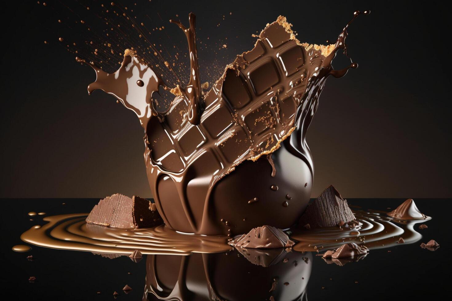 A delicious melting chocolate splash in a realistic style. Hot chocolate, cacao or coffee splash. Tasty chocolate liquid splash. Chocolate sauce crown splash. For chocolate day dessert by photo