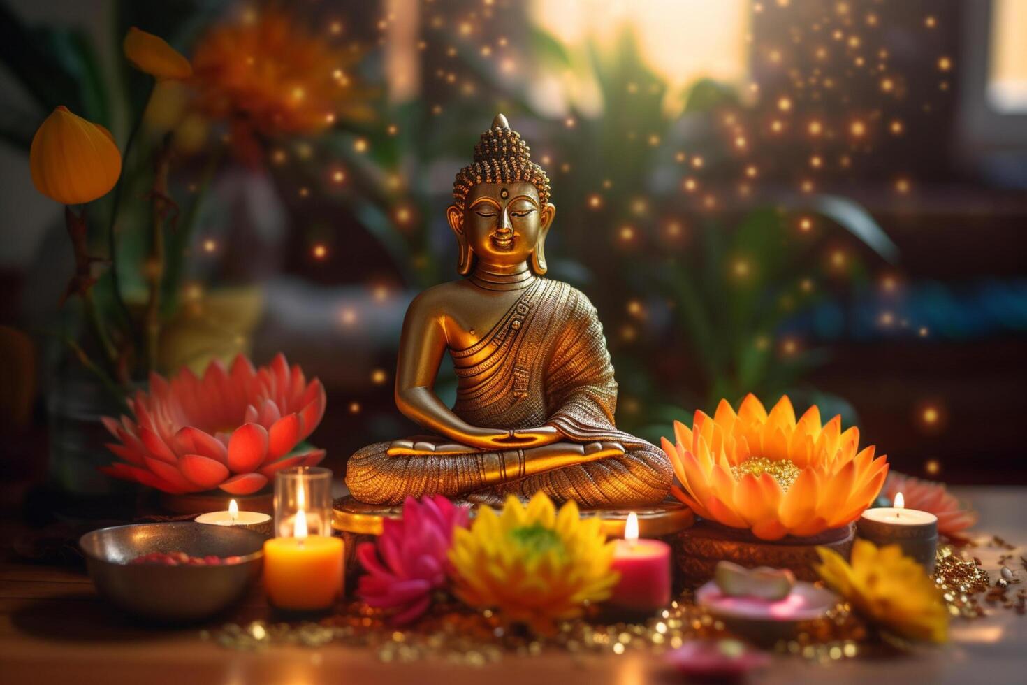 A buddha sits in a garden with a lotus and candles. Background for vesak festival celebration. Vesak day concept. Vesak celebration day greetings by photo