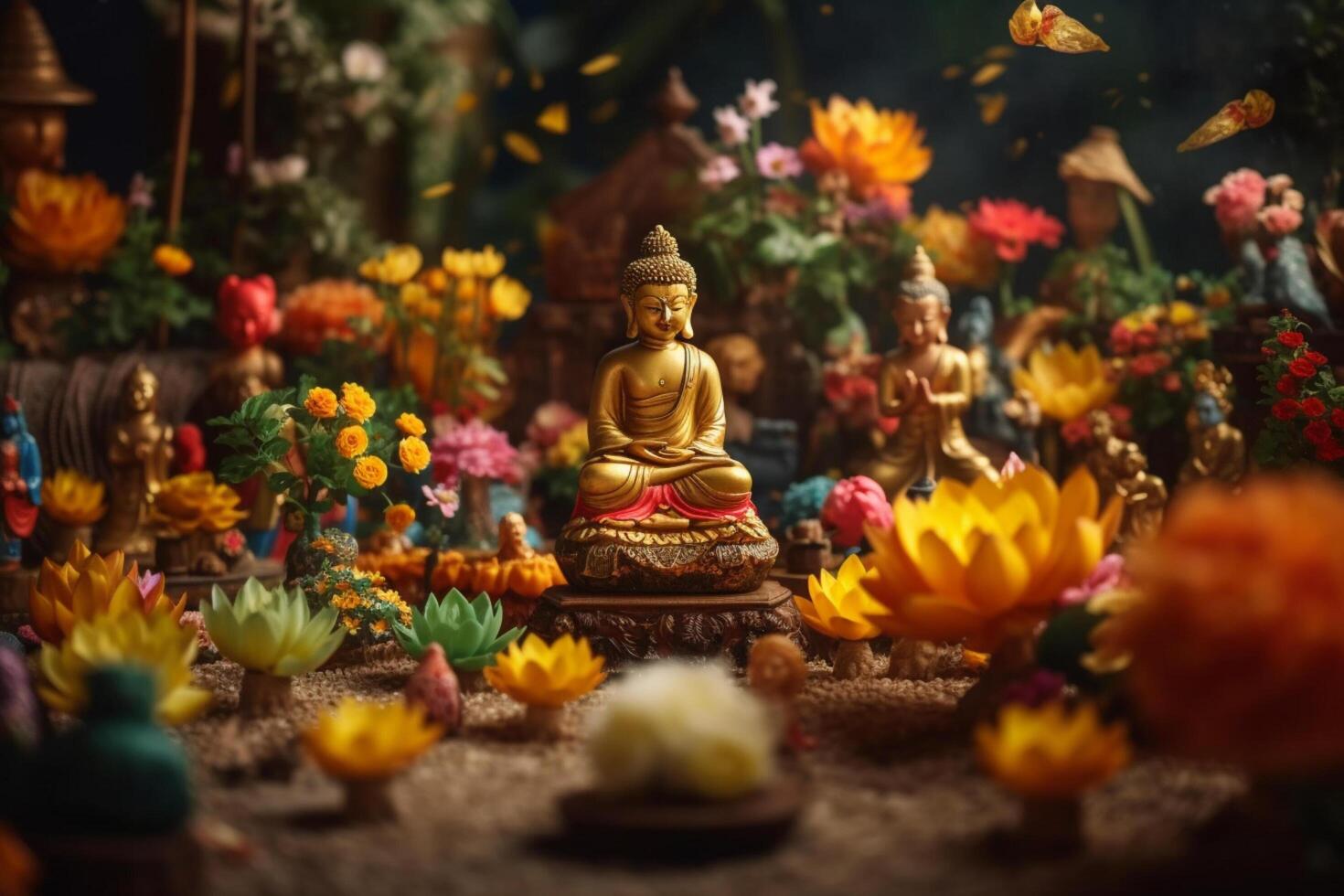 A buddha sits in a garden with a lotus and candles. Background for vesak festival celebration. Vesak day concept. Vesak celebration day greetings by photo