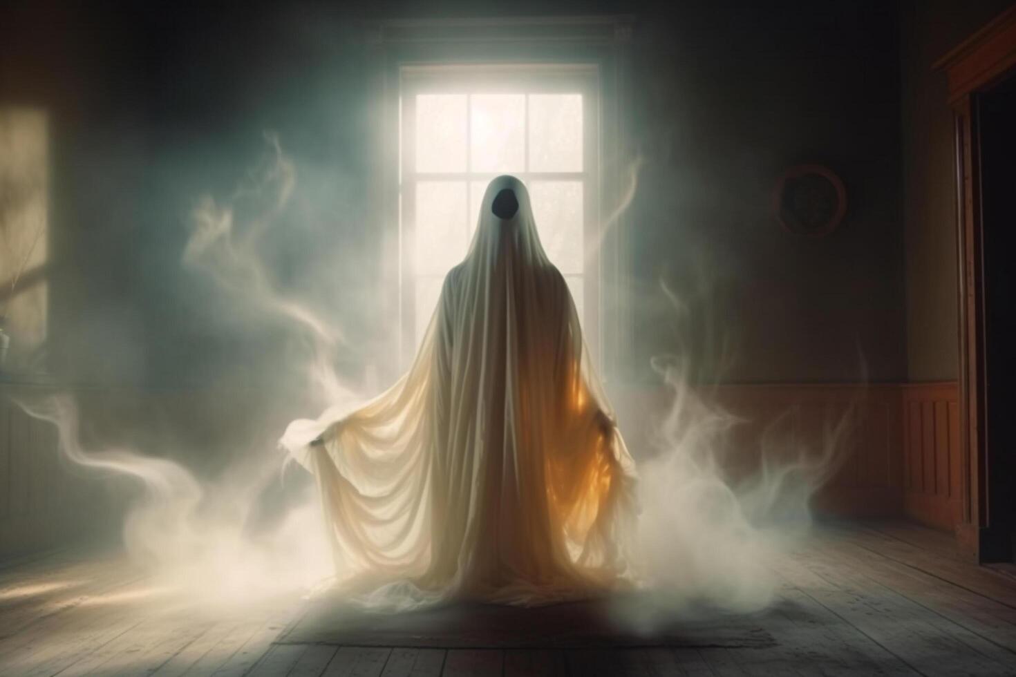 Human in spooky ghosts costume flying inside the old house or forest at night. Spooky halloween background with ghost. Ghost on halloween celebration concept by photo