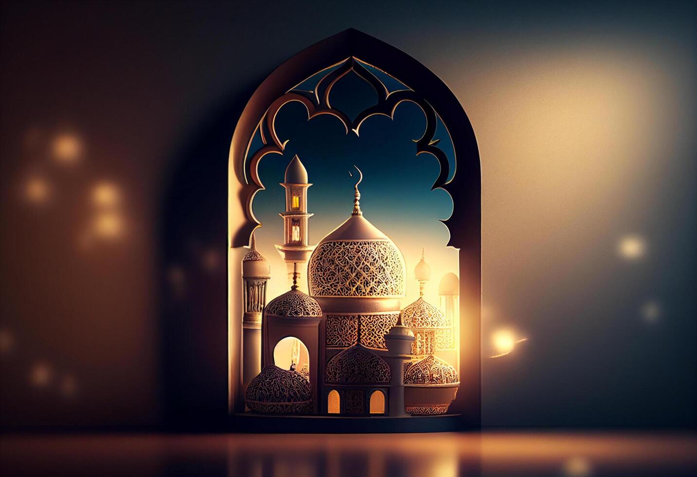 A windows depicts an islamic mosque at night with moon and lentern. In style of islamic city. Arched doorways. Eid al fitr background of window. Ramadan islamic lantern on a table by photo