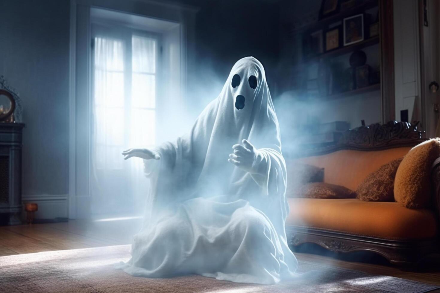 Human in spooky ghosts costume flying inside the old house or forest at night. Spooky halloween background with ghost. Ghost on halloween celebration concept by photo