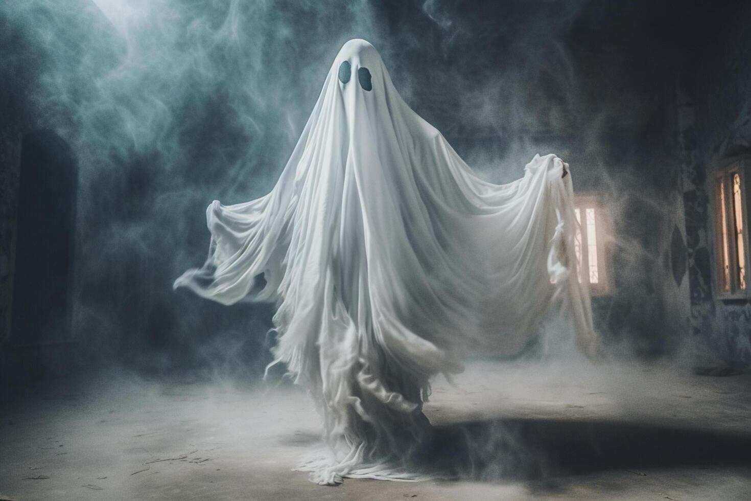 Human in spooky ghosts costume flying inside the old house or forest at night. Spooky halloween background with ghost. Ghost on halloween celebration concept by photo