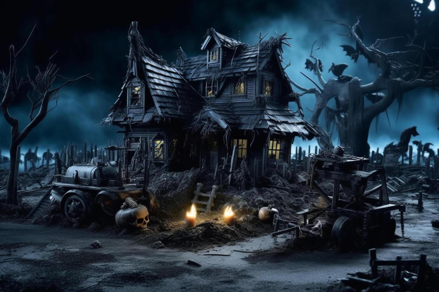 Haunted house on halloween celebration concept. Spooky house halloween background with deserted building and pumpkin. Scary house with creepy building at night by photo