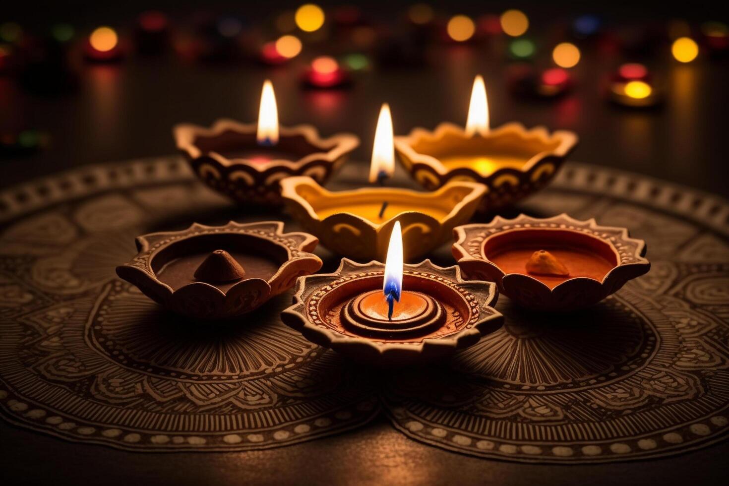 Happy diwali or deepavali traditional indian festival with clay diya oil lamp. Indian hindu festival of light symbol with candle and light. Clay diya lamp lit during diwali celebration by photo