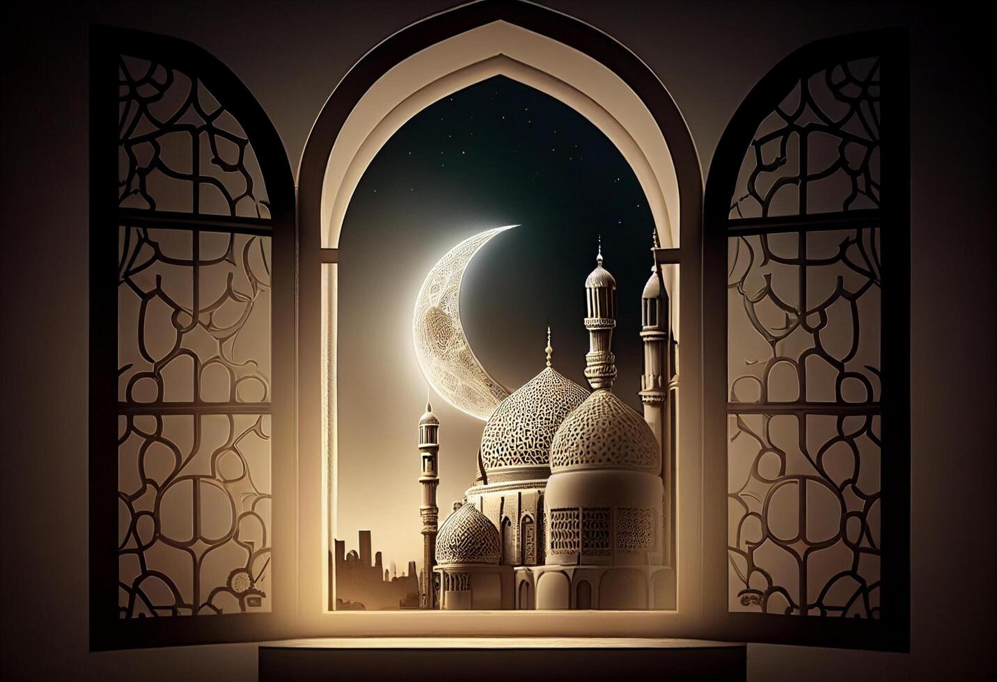 A windows depicts an islamic mosque at night with moon and lentern. In style of islamic city. Arched doorways. Eid al fitr background of window. Ramadan islamic lantern on a table by photo