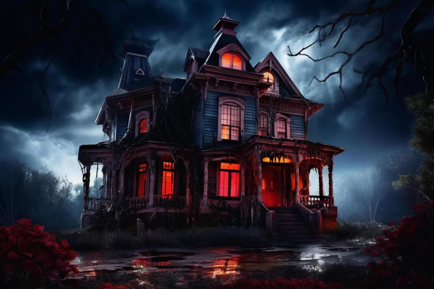 Haunted house on halloween celebration concept. Spooky house halloween background with deserted building and pumpkin. Scary house with creepy building at night by photo