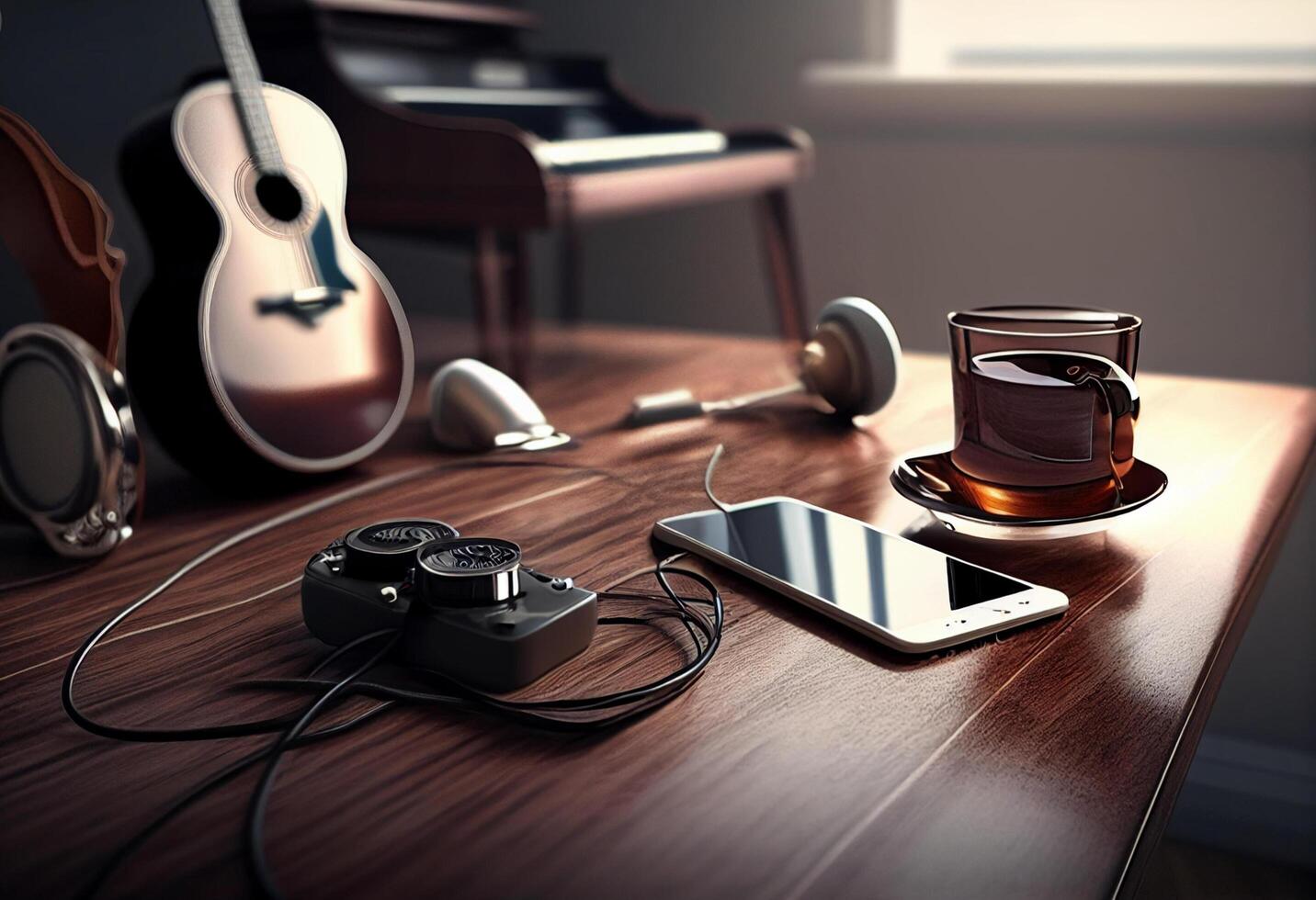 Photo music objects with guitar, gadget and coffee on the table in classic style. Beautiful electric guitar on with headphones and desktop musical creativity concept. World music day by