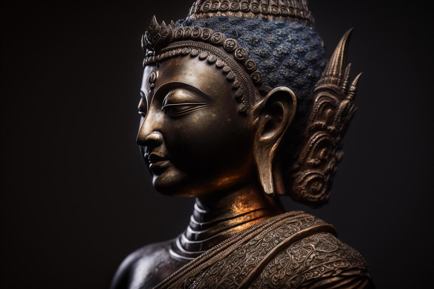 A thai buddha statue sits and meditating at buddhist temple. Ancient thailand buddha face. Background for vesak festival celebration. Vesak day concept. Vesak celebration day greetings by photo