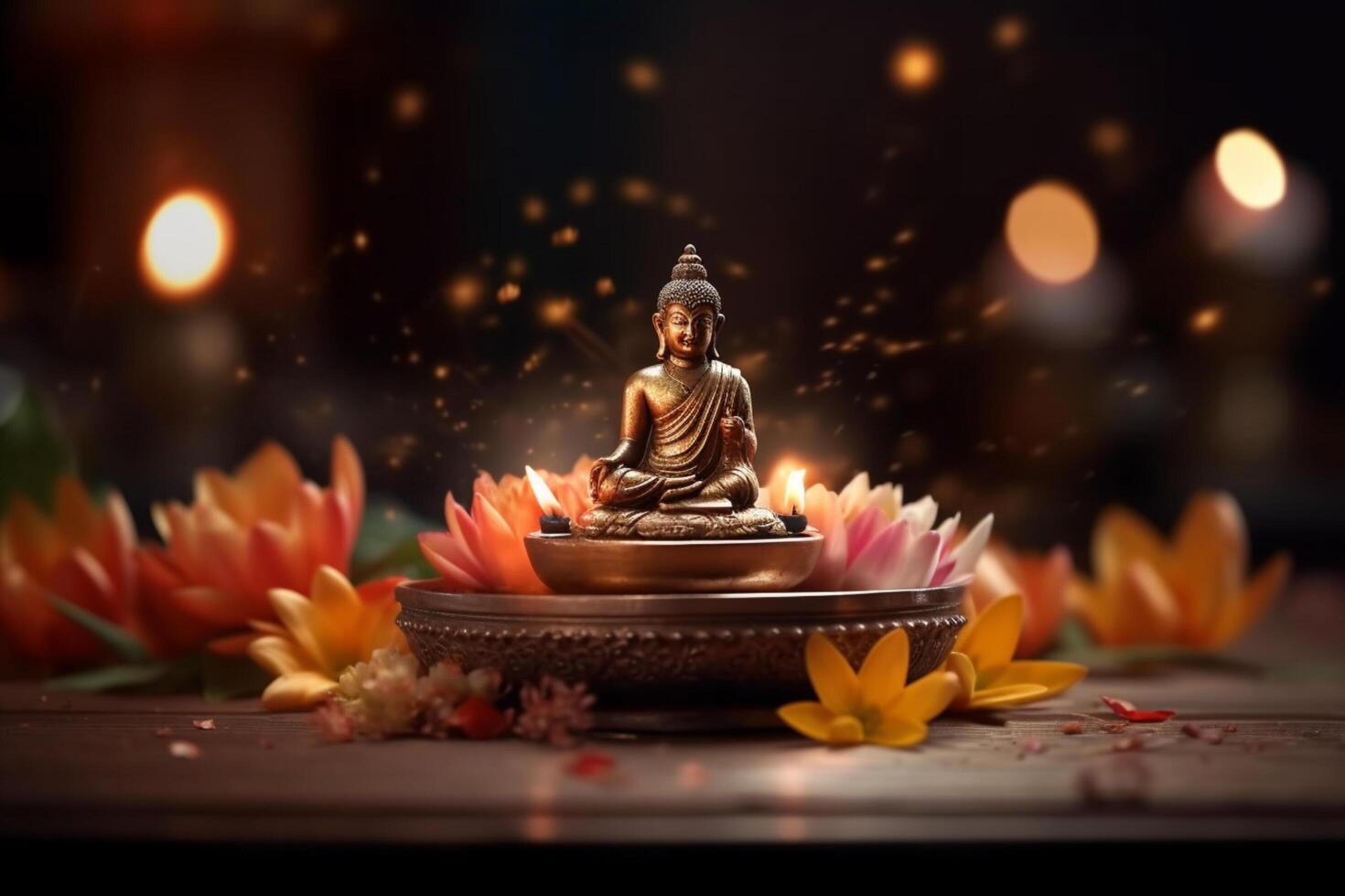 A buddha sits in a garden with a lotus and candles. Background for vesak festival celebration. Vesak day concept. Vesak celebration day greetings by photo