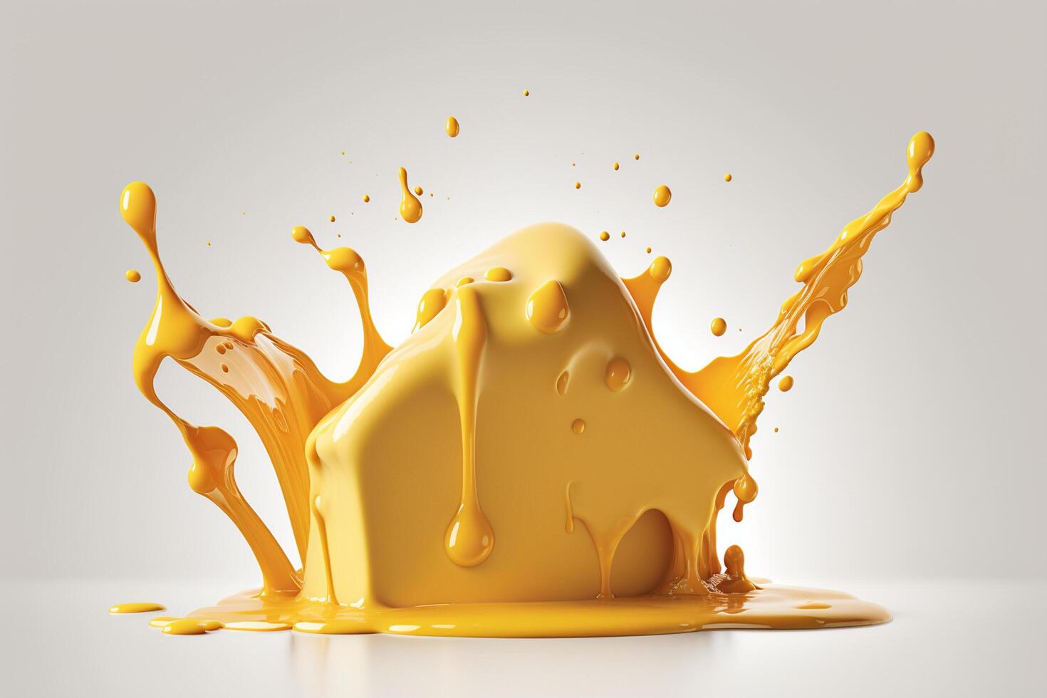 A delicious melting cheese splash in a realistic style. Hot cheese or cheddar splash. Tasty cheese liquid splash. Cheese sauce crown splash. For italian food, world cheese day, dessert by photo