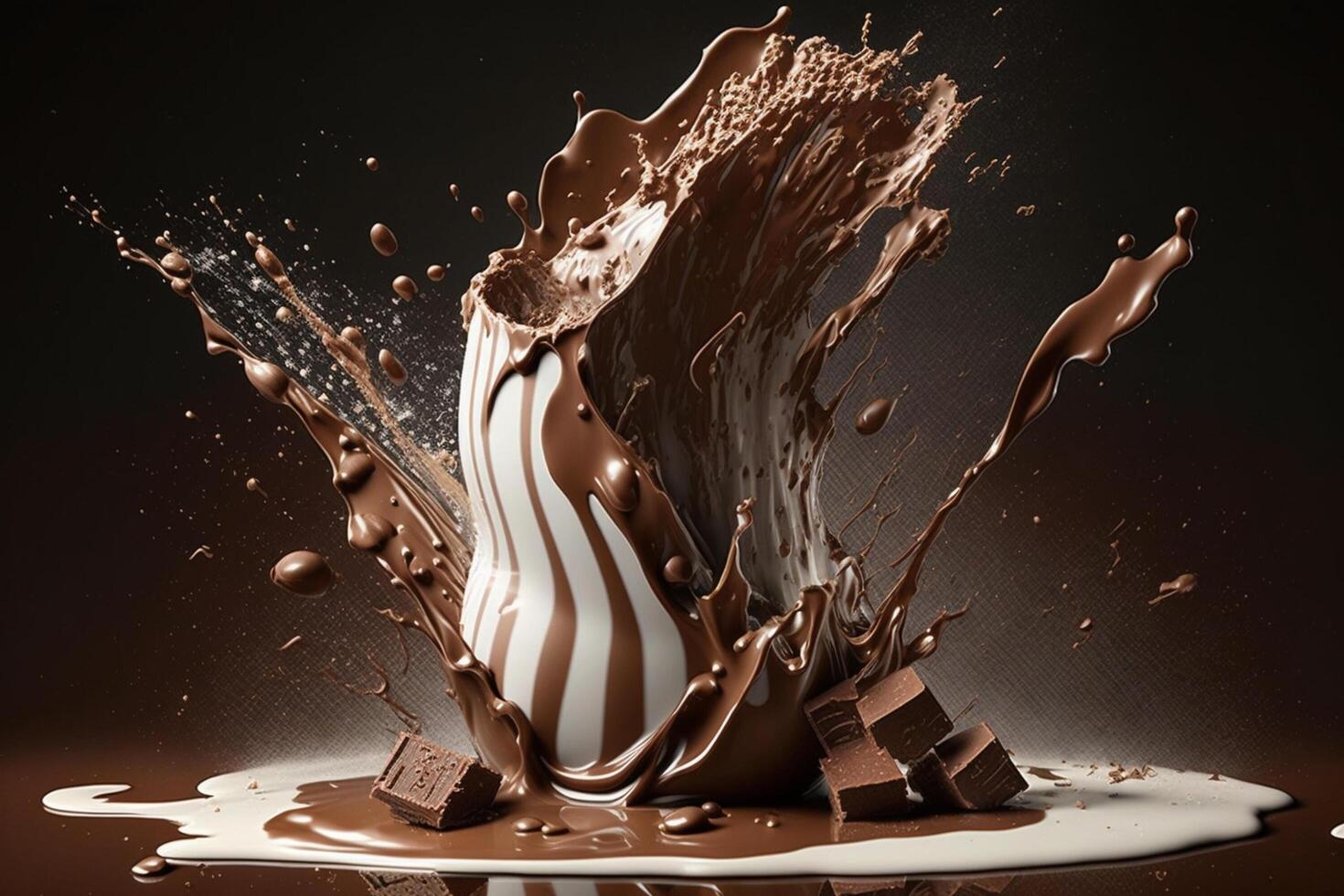 A delicious melting chocolate splash in a realistic style. Hot chocolate, cacao or coffee splash. Tasty chocolate liquid splash. Chocolate sauce crown splash. For chocolate day dessert by photo