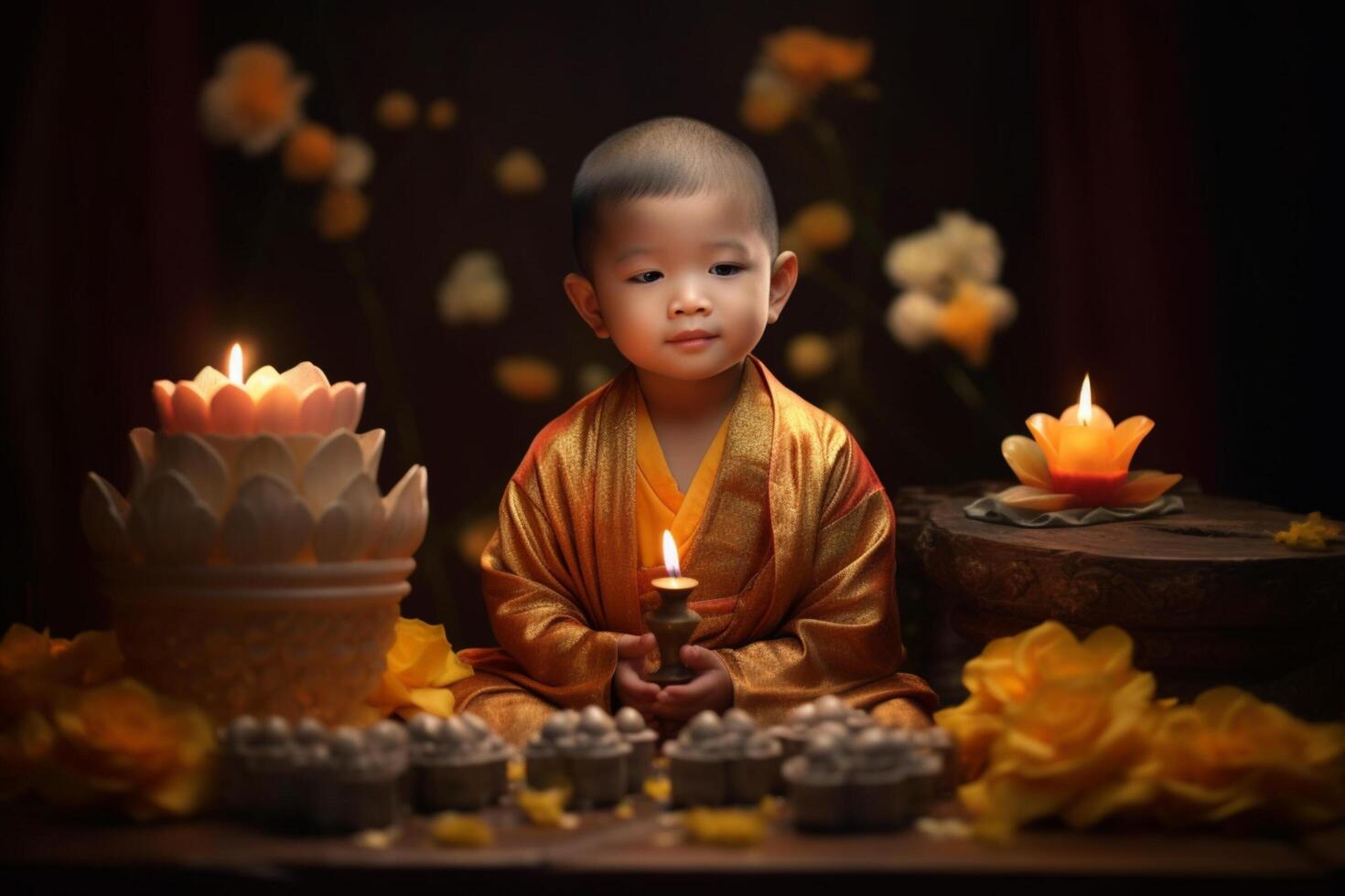 A young buddha sits in a garden with a lotus and candles. Background for vesak festival celebration. Vesak day concept. Vesak celebration day greetings by photo