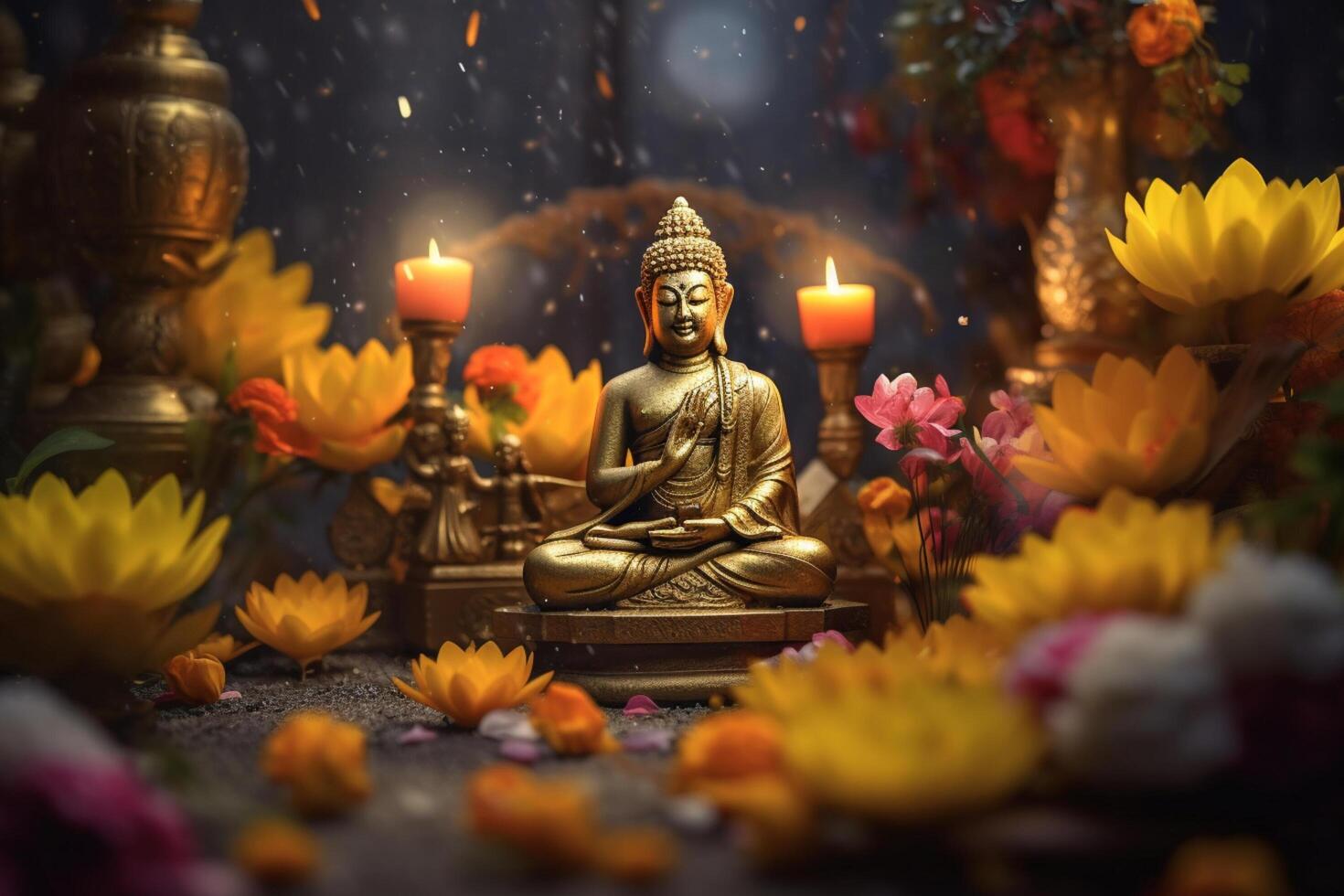 A buddha sits in a garden with a lotus and candles. Background for vesak festival celebration. Vesak day concept. Vesak celebration day greetings by photo