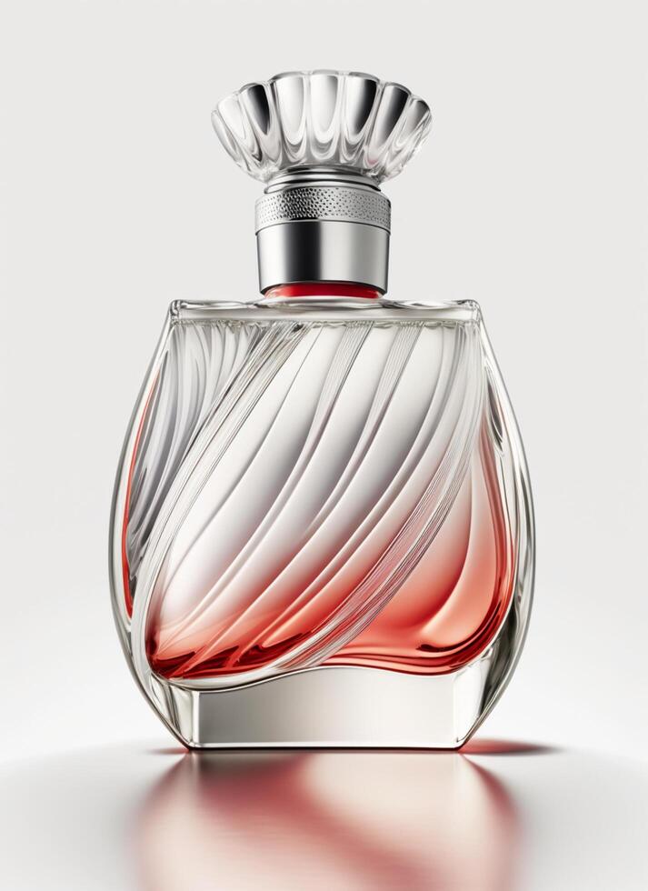 A high class bottle of glass perfume with light red liquid. Aromatic perfume bottles on white background. Beauty product, cosmetic, perfume day, fragrance day or perfume launch event by photo
