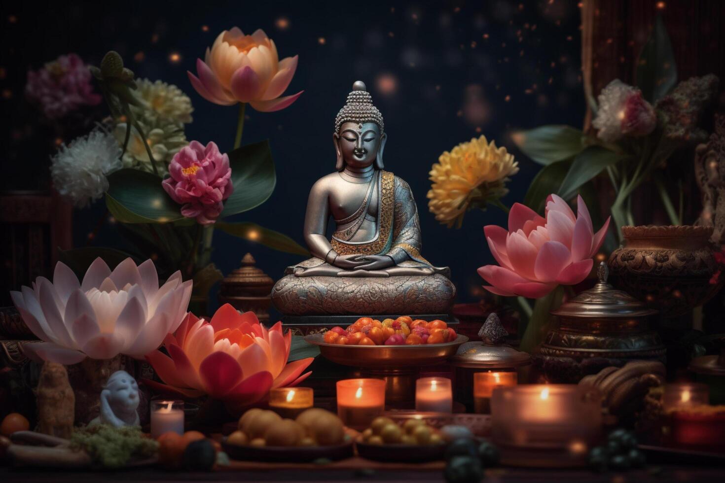 A buddha sits in a garden with a lotus and candles. Background for vesak festival celebration. Vesak day concept. Vesak celebration day greetings by photo