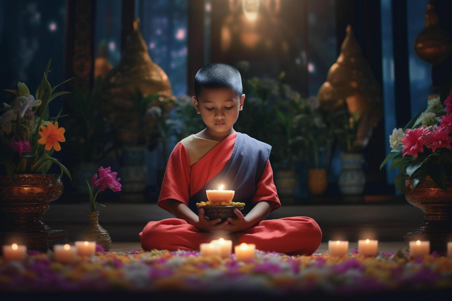 A young buddha sits in a garden with a lotus and candles. Background for vesak festival celebration. Vesak day concept. Vesak celebration day greetings by photo