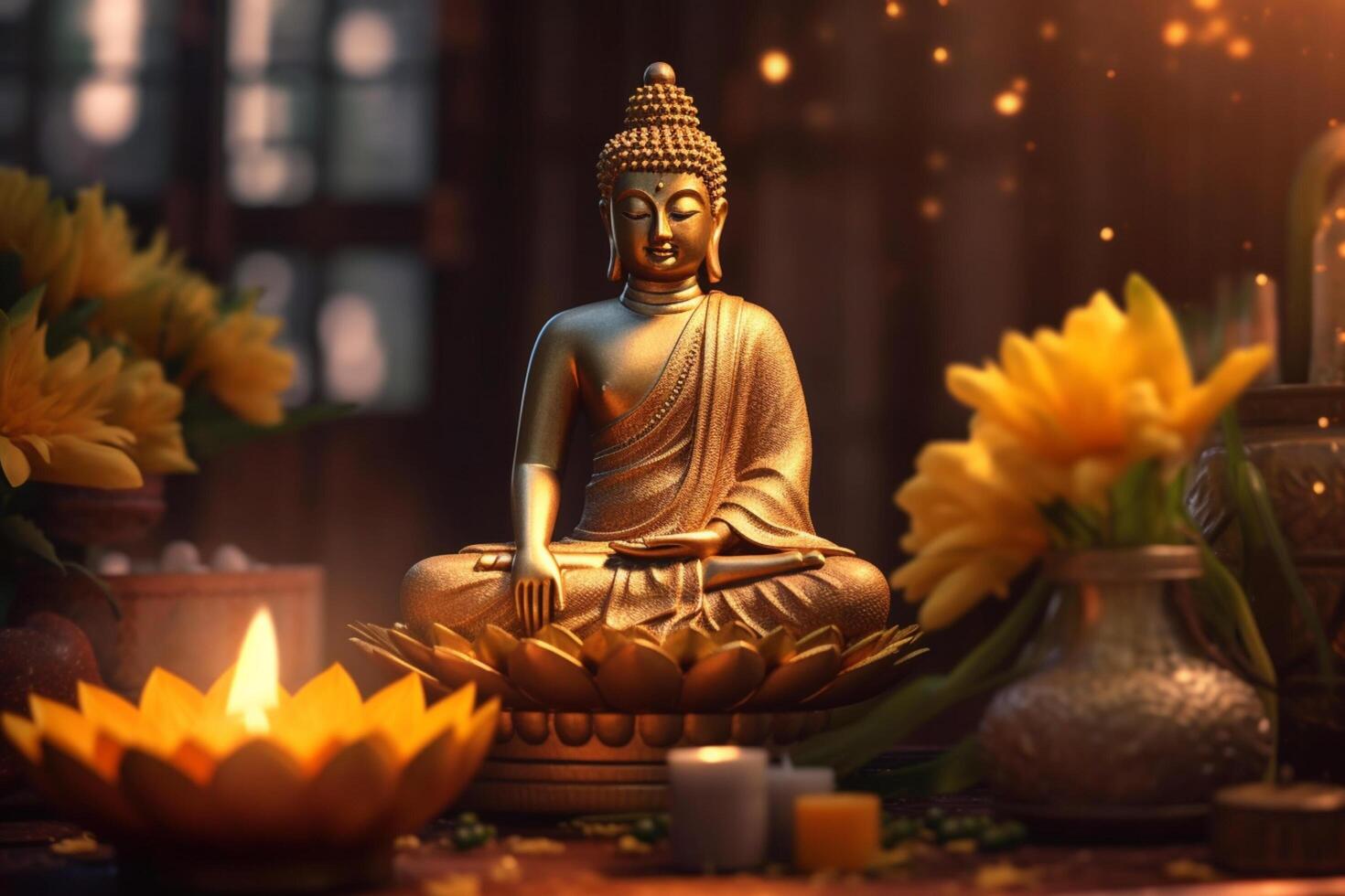 A buddha sits in a garden with a lotus and candles. Background for vesak festival celebration. Vesak day concept. Vesak celebration day greetings by photo